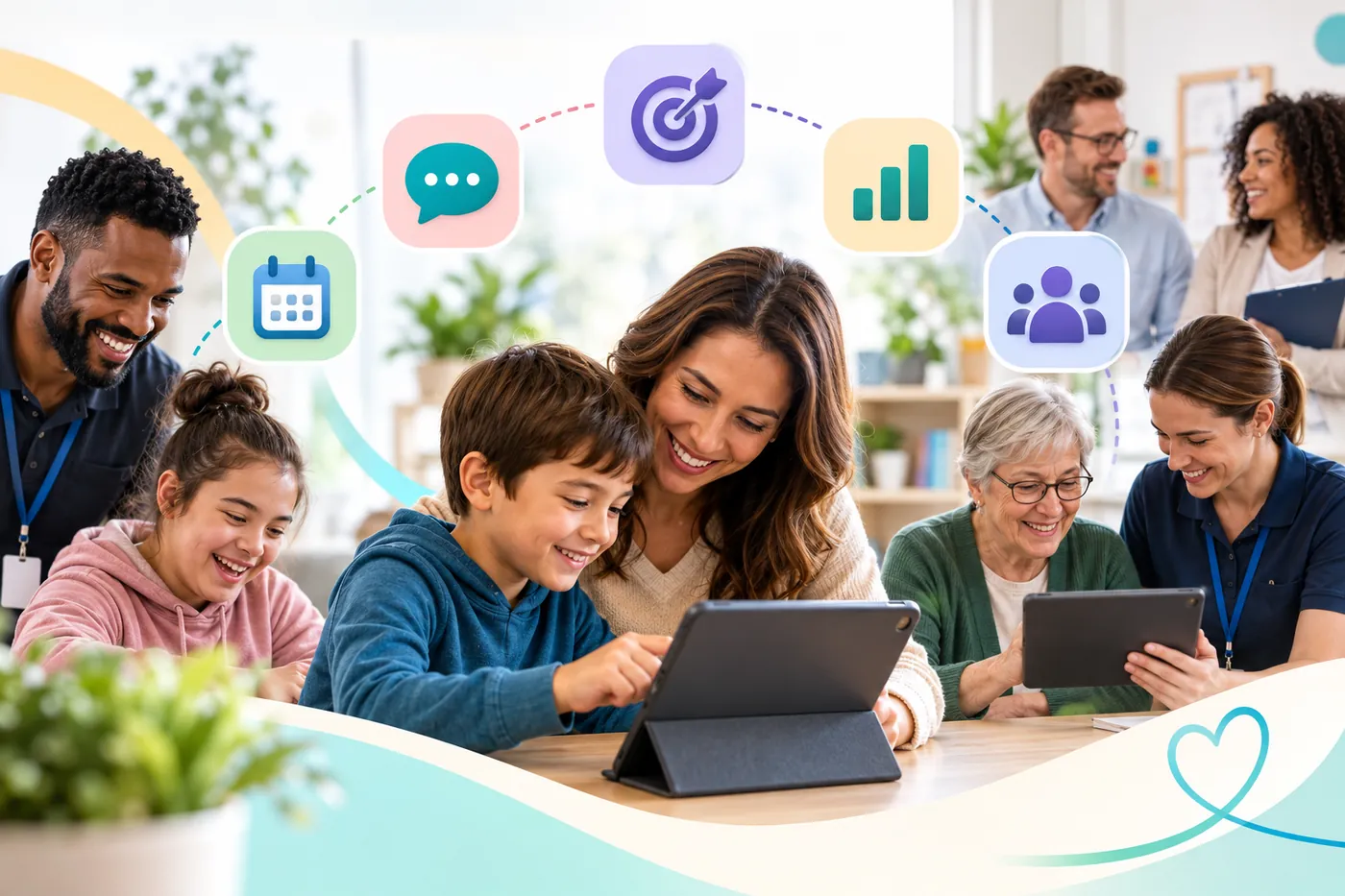 A family and support workers looking together at a tablet, with icons representing routines, goals and communication