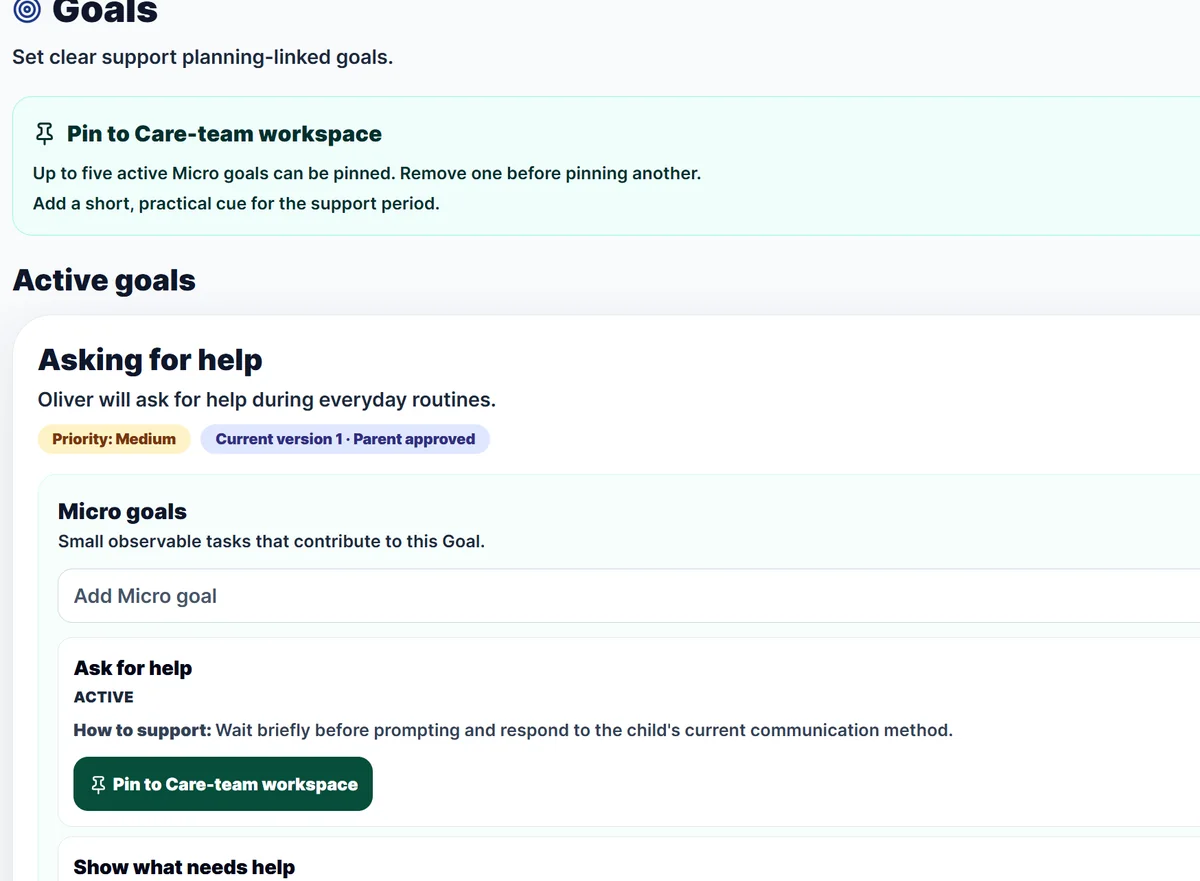 Goals screen showing an active goal broken into smaller micro goals, with the option to pin them to the Care-team Workspace