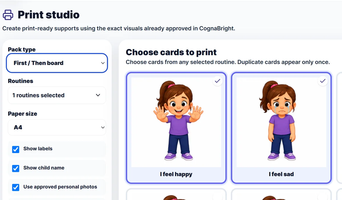Print Studio showing illustrated cards selected for a printable First / Then board