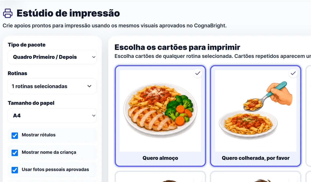 Estúdio de impressão mostrando cartões ilustrados selecionados para um quadro Primeiro / Depois para imprimir