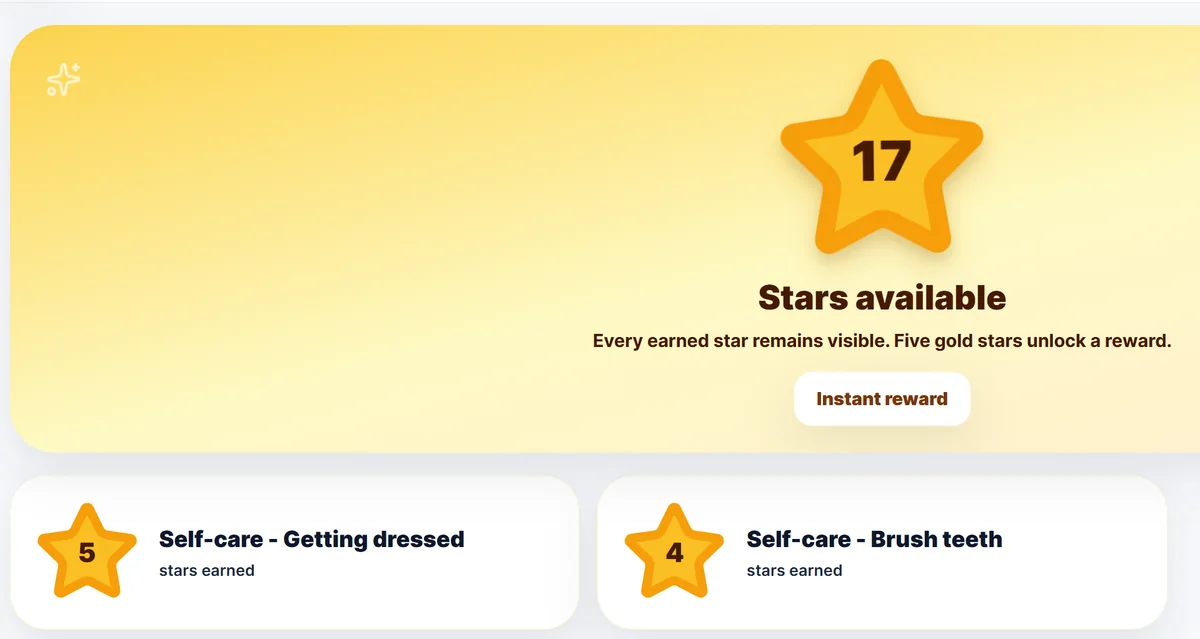 Rewards screen showing stars available and the stars earned for everyday routines