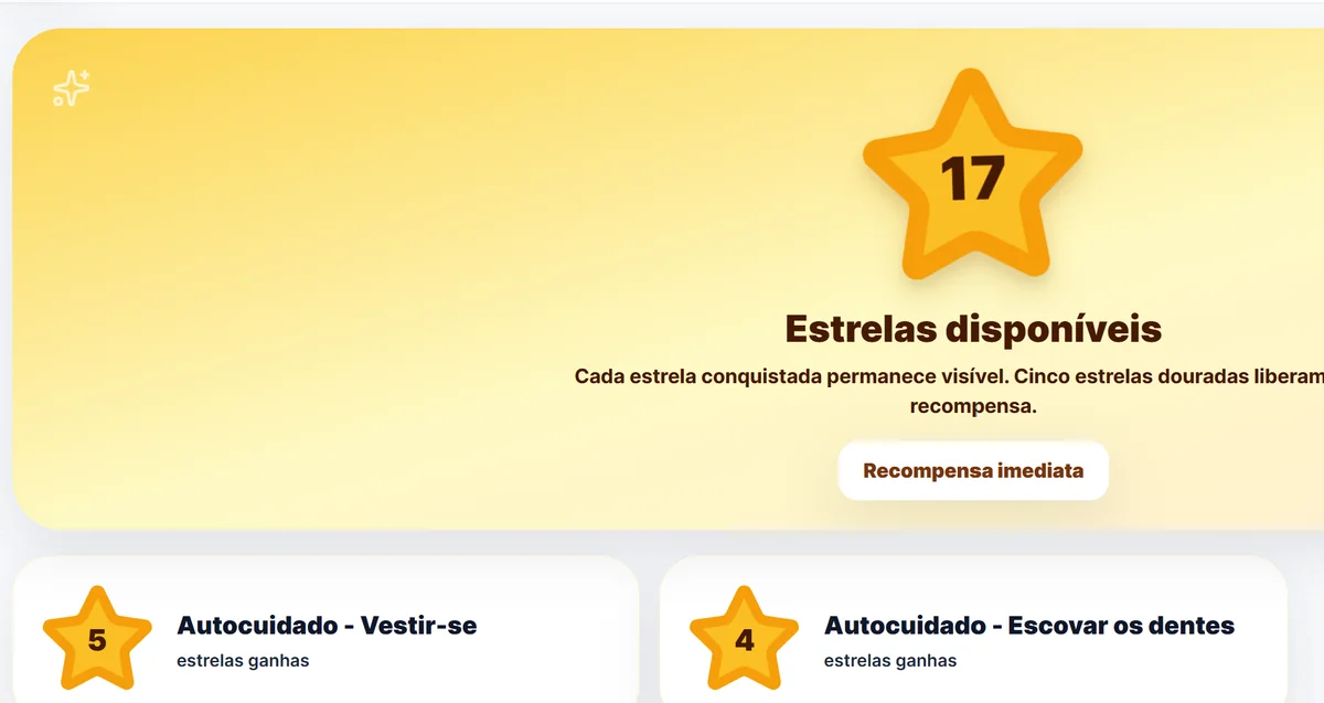 Tela de Recompensas mostrando as estrelas disponíveis e as estrelas ganhas nas rotinas do dia a dia