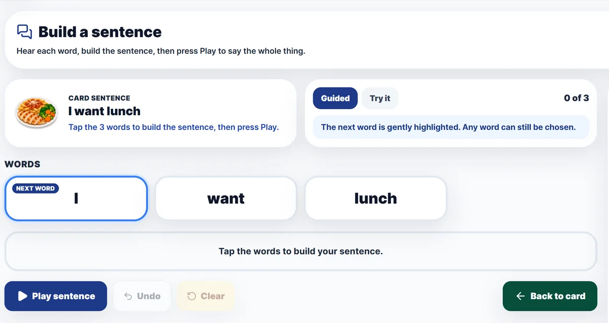 Build a Sentence showing a card’s sentence split into word tiles, with a Play sentence button