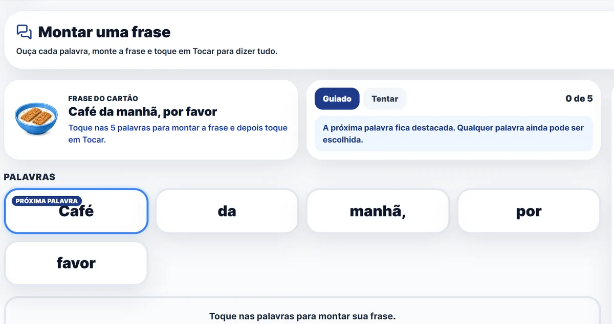 Montar uma frase mostrando a frase de um cartão dividida em palavras, com um botão para tocar a frase